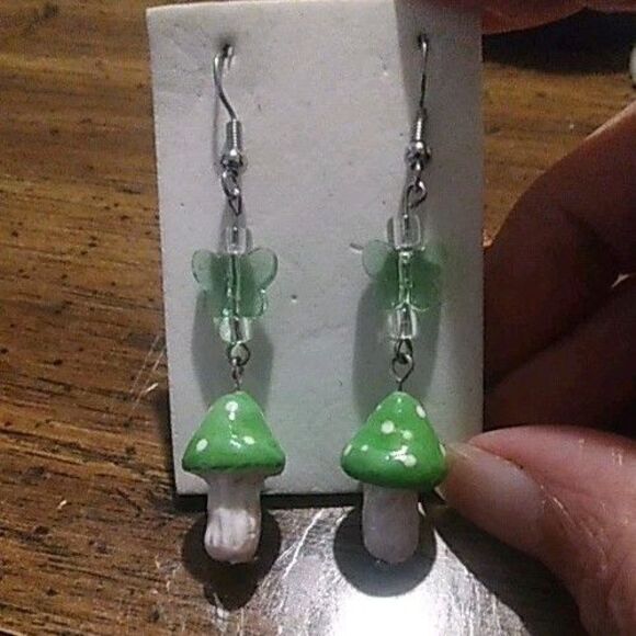 Translucent Green Butterfly And Mushroom Earrings Dangle/drop Whimsical Fairy... - Picture 1 of 3